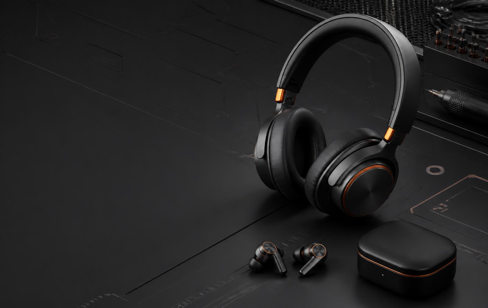 Matte black wireless headphones and earbuds with orange details
